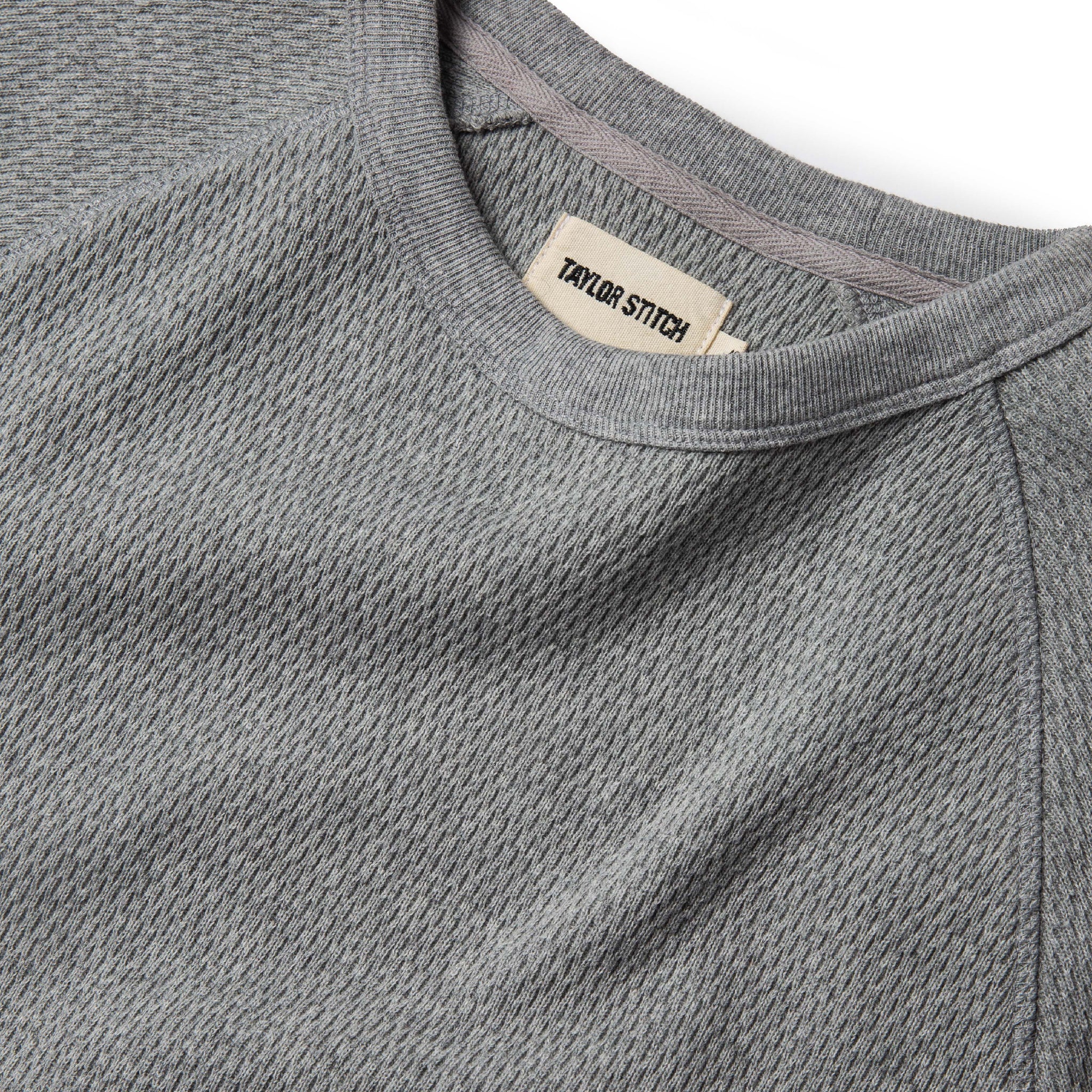 material shot of label of The Heavy Bag Waffle Crewneck in Aluminum, Knits by Taylor Stitch