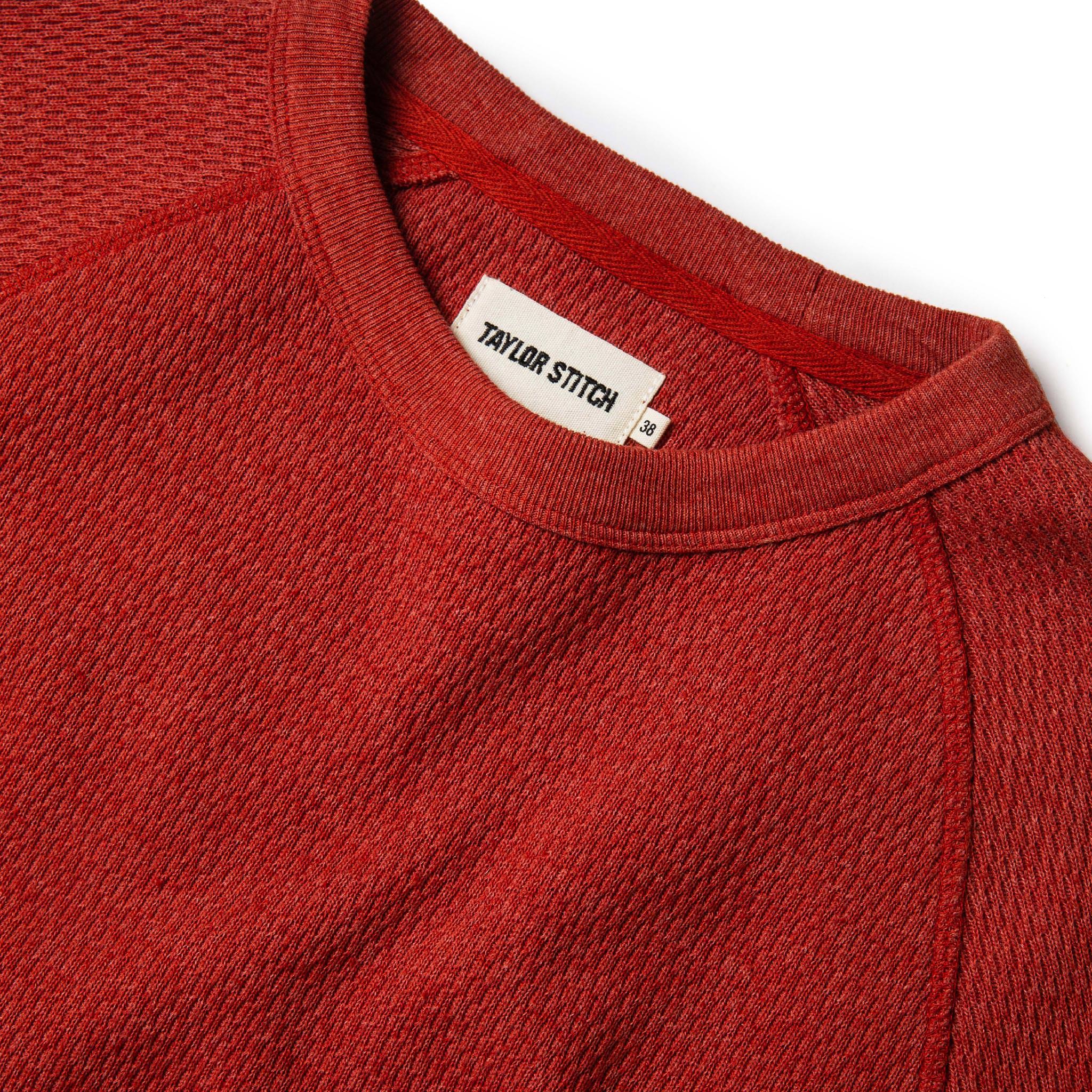 material shot of the label in The Heavy Bag Waffle Crewneck in Engine, Knits by Taylor Stitch