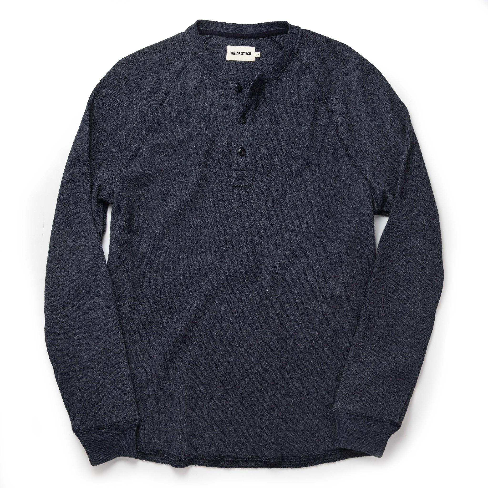 flatlay of The Heavy Bag Waffle Henley in Navy, Knits by Taylor Stitch