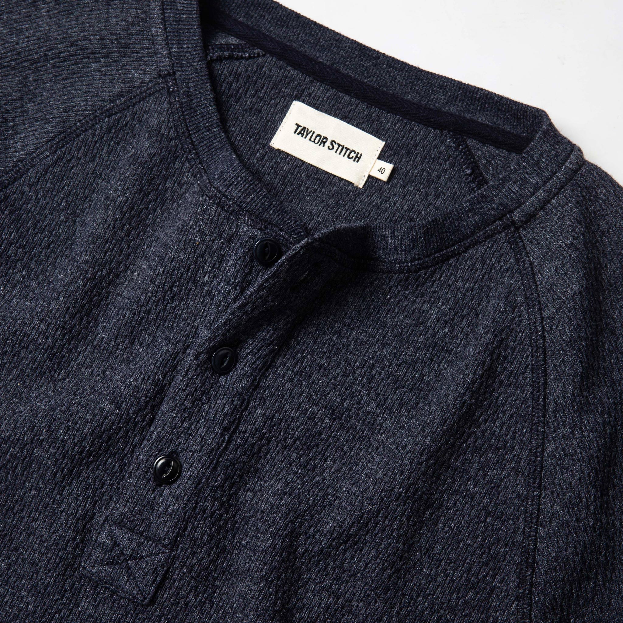 material shot of interior label of The Heavy Bag Waffle Henley in Navy, Knits by Taylor Stitch