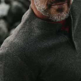 fit model wearing The Hudson Sweater in Walnut, shoulder detail