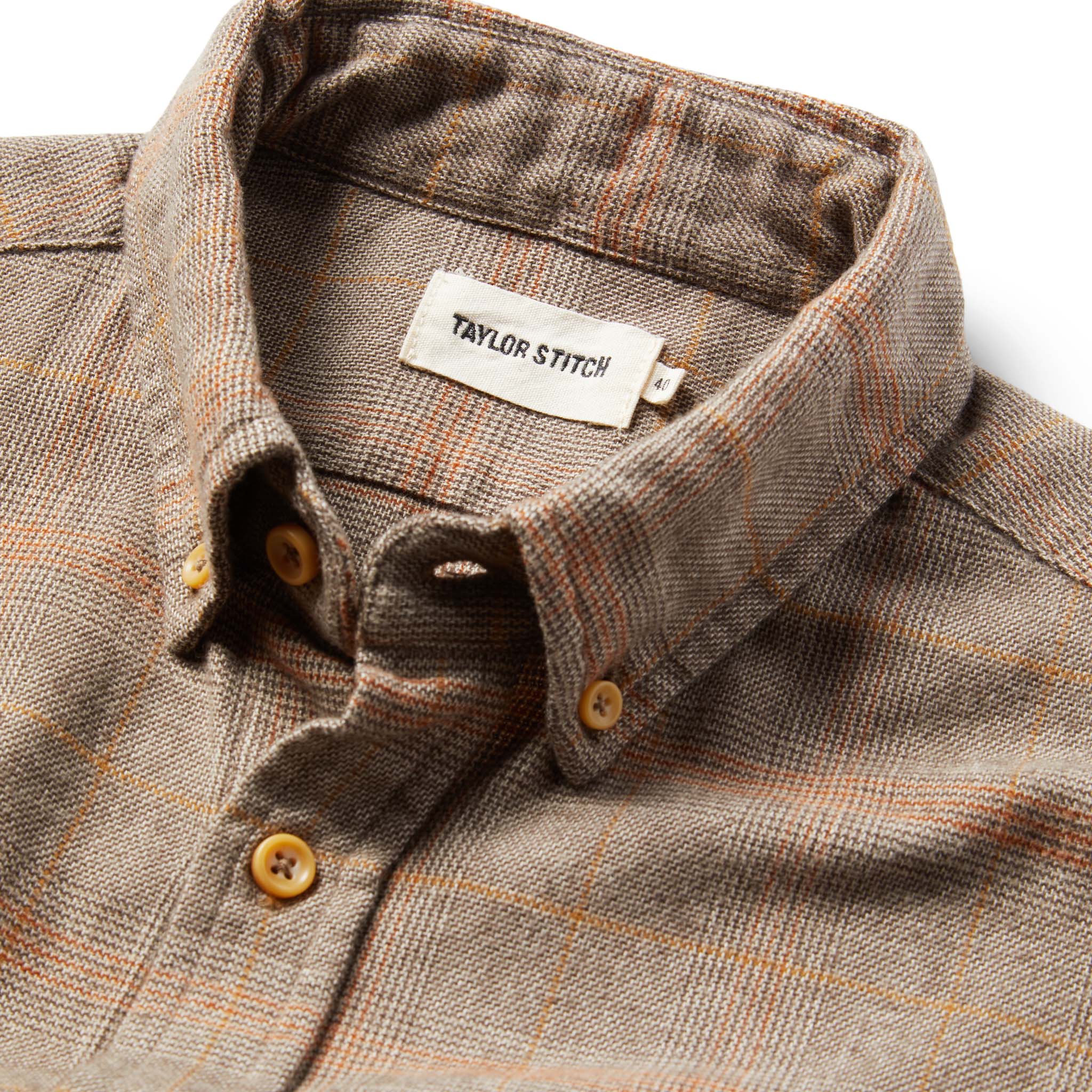 material shot showing collar open and neck tag, Wovens by Taylor Stitch