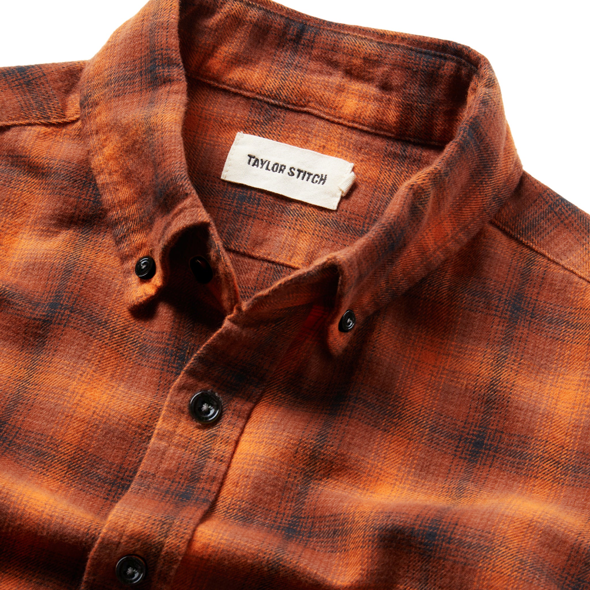 material shot of shirt showing back tag, Wovens by Taylor Stitch