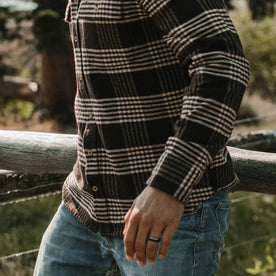 fit model wearing The Ledge Shirt in Espresso Plaid, chest detail