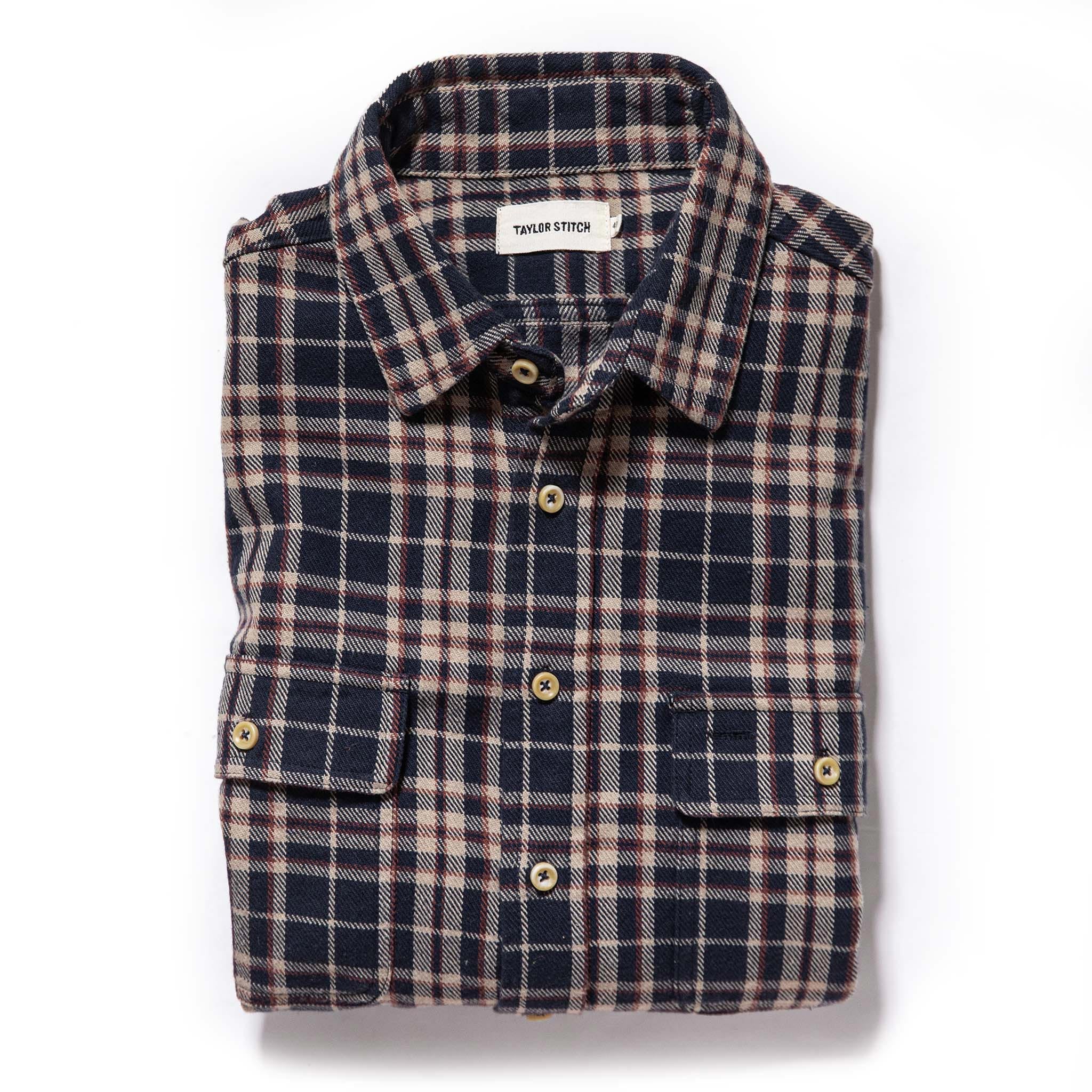 flatlay of The Ledge Shirt in York Plaid, Wovens by Taylor Stitch
