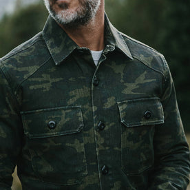fit model wearing The Lined Shop Shirt, chest