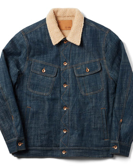 flatlay of The Lined Long Haul Jacket in Green Cast Denim from the front, Outerwear by Taylor Stitch