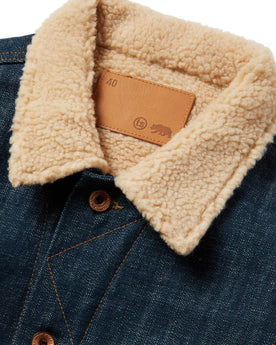 material shot of The Lined Long Haul Jacket in Green Cast Denim showing collar, Outerwear by Taylor Stitch