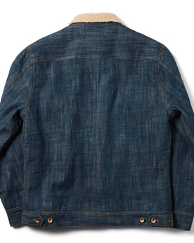 flatlay of The Lined Long Haul Jacket in Green Cast Denim from the back, Outerwear by Taylor Stitch