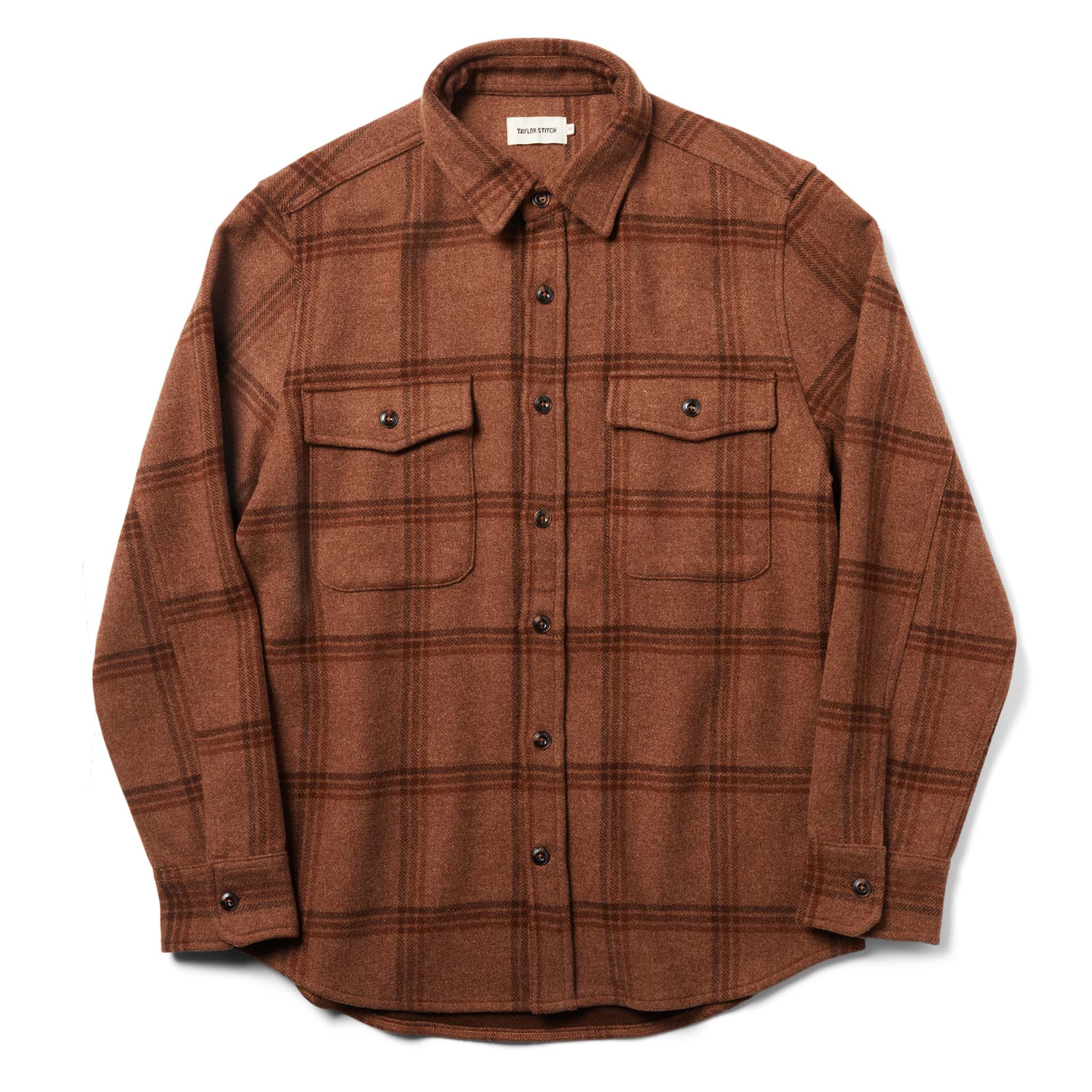flatlay of The Maritime Shirt in Espresso Plaid Wool from the front, Wovens by Taylor Stitch