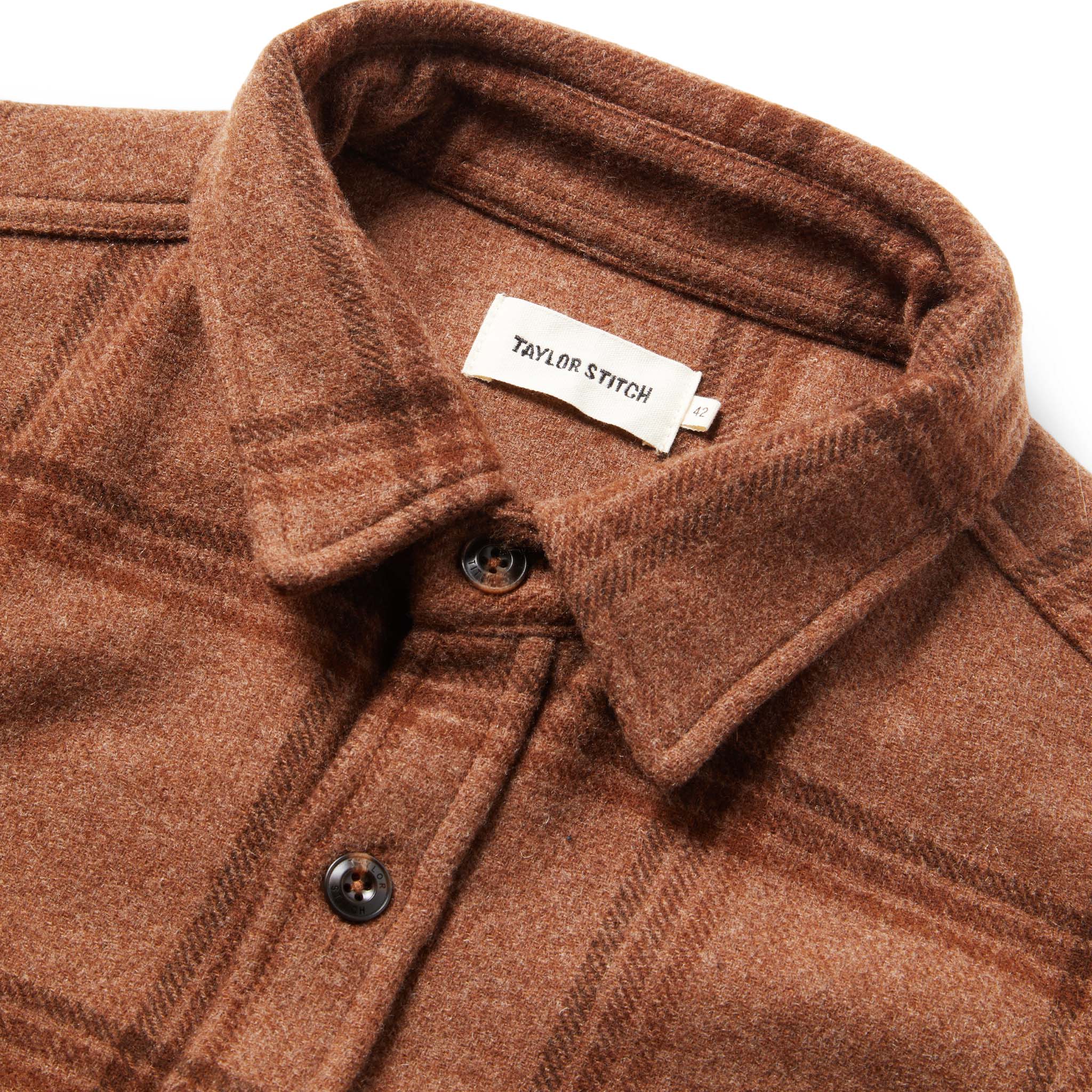material shot of The Maritime Shirt in Espresso Plaid Wool showing interior neck label, Wovens by Taylor Stitch