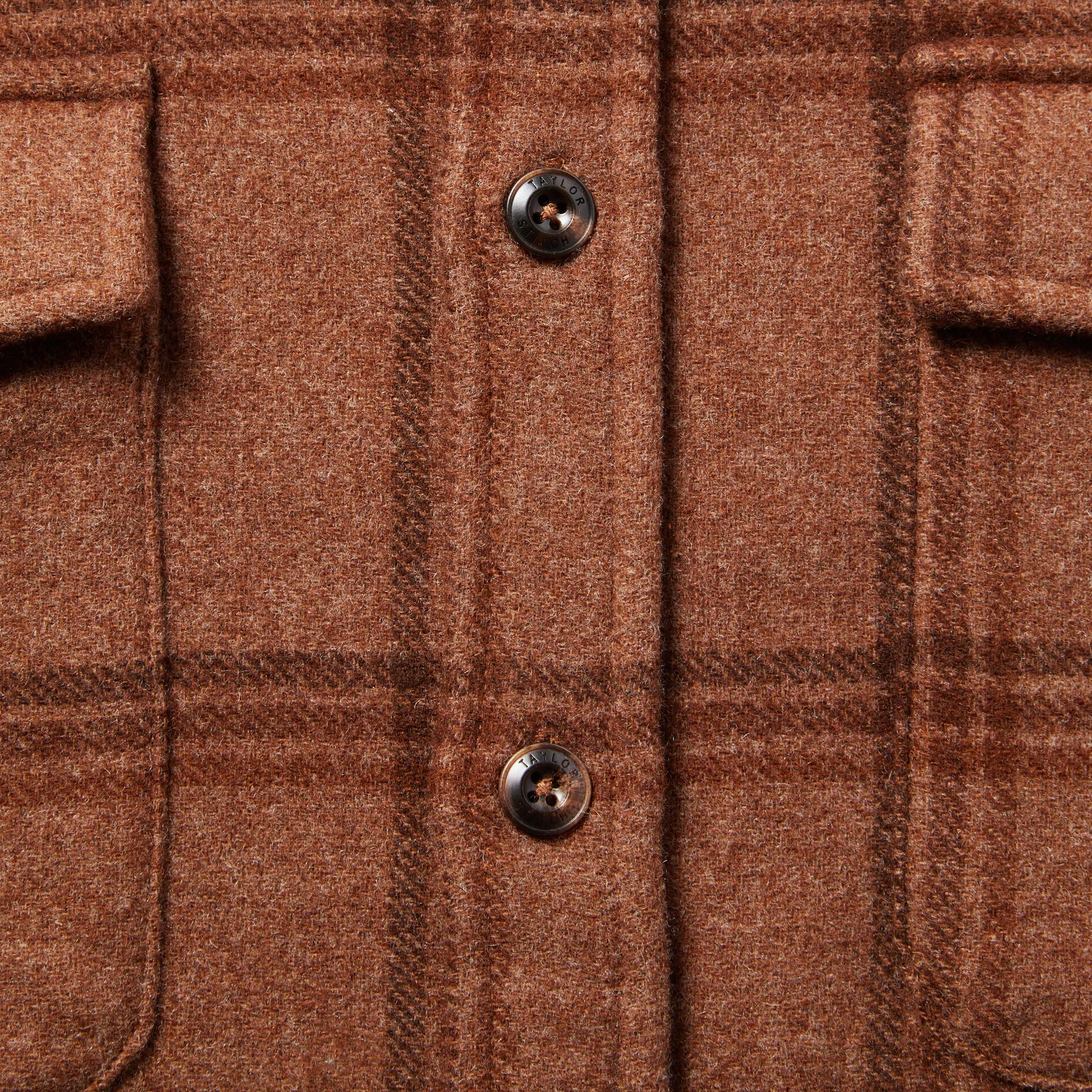 material shot of The Maritime Shirt in Espresso Plaid Wool showing placket and buttons, Wovens by Taylor Stitch