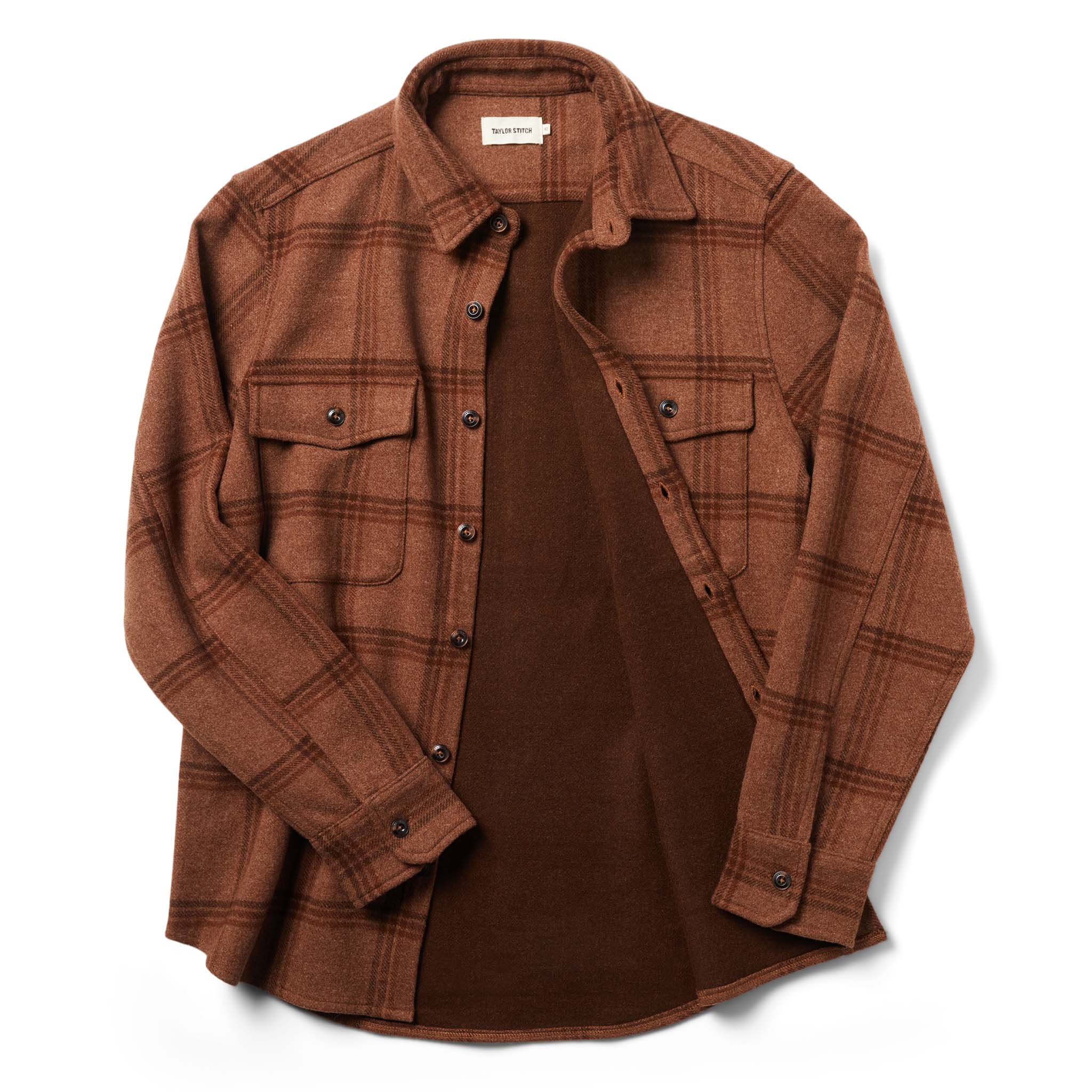 flatlay of The Maritime Shirt in Espresso Plaid Wool open from the front, Wovens by Taylor Stitch