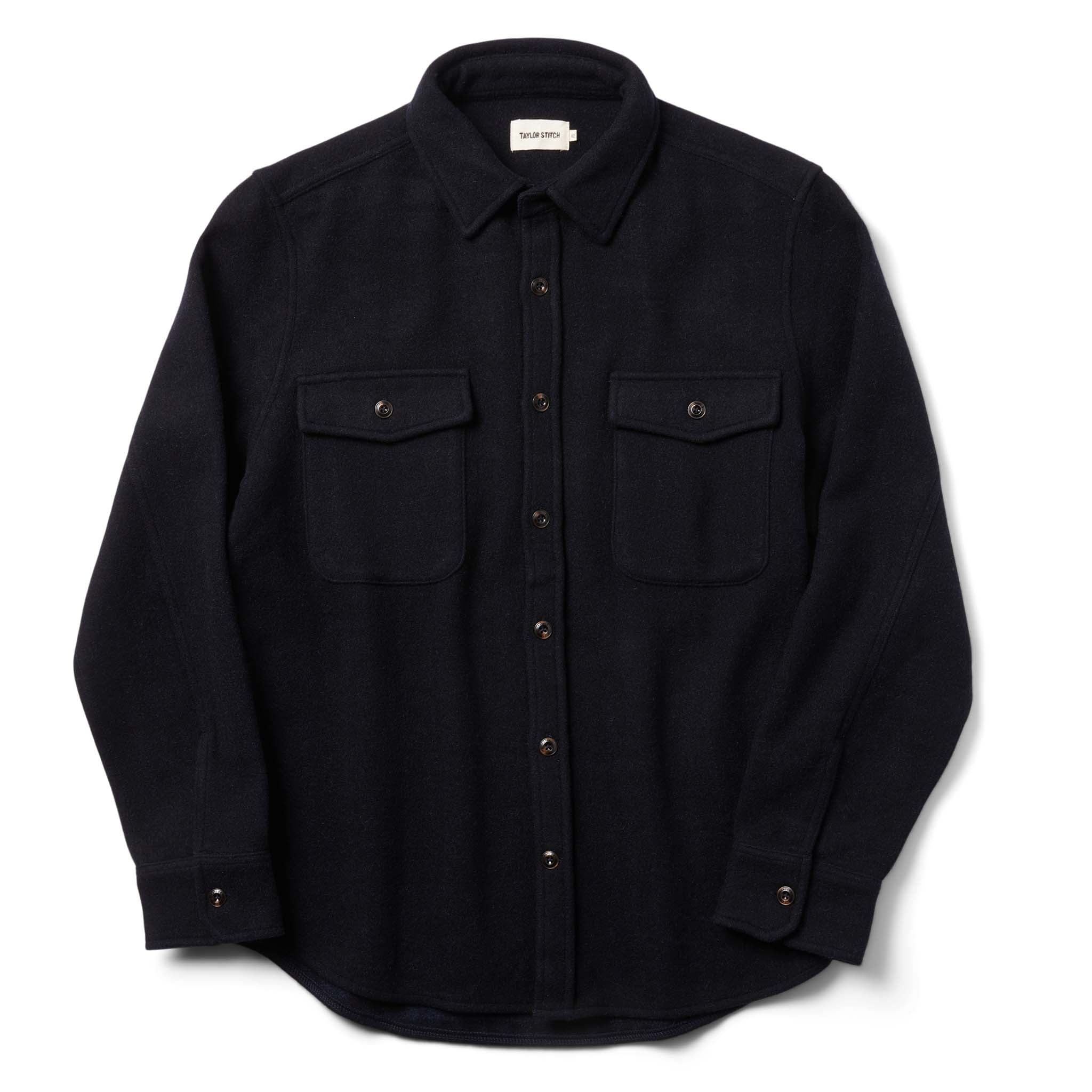 flatlay of The Maritime Shirt in Navy Wool folded from the front, Wovens by Taylor Stitch
