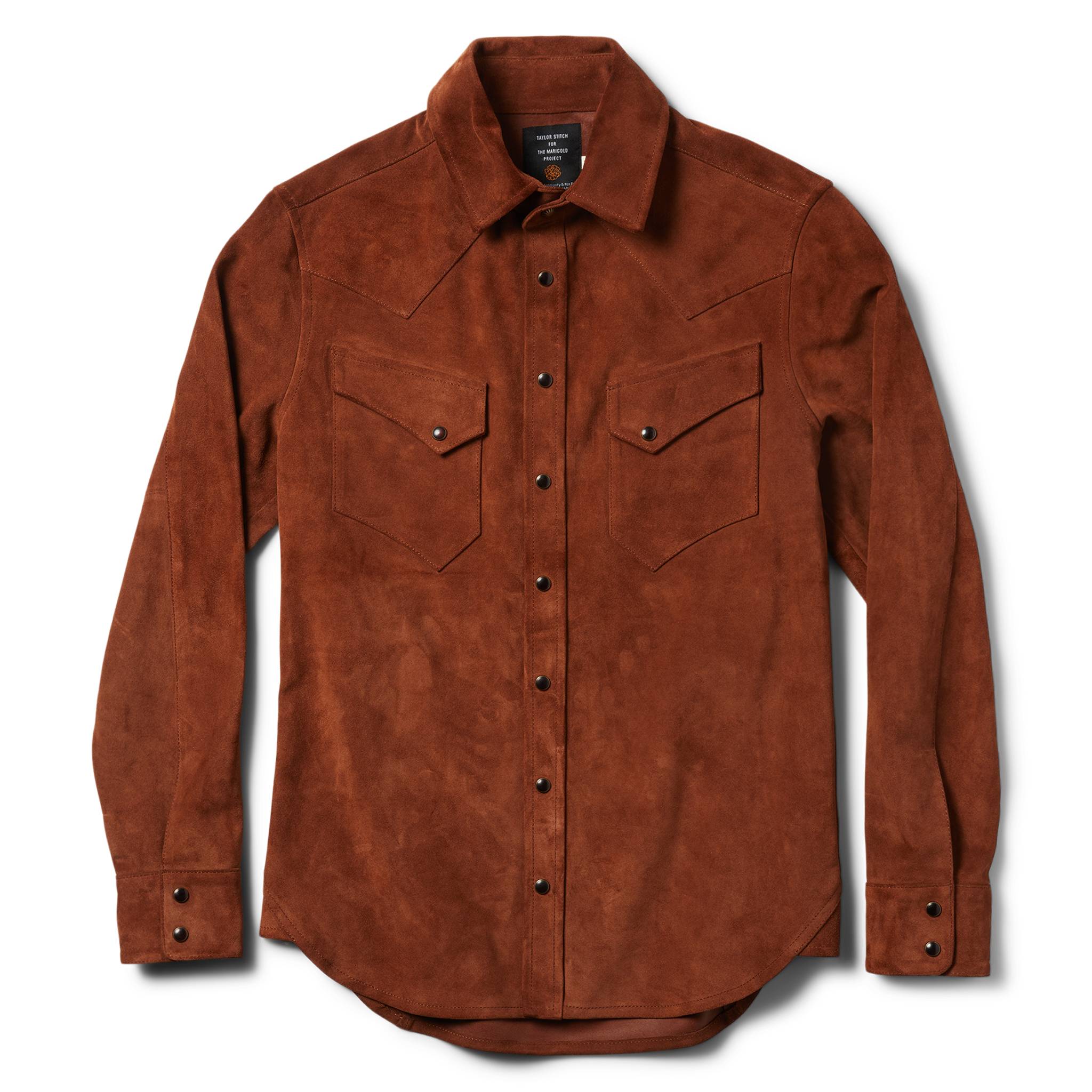 flatlay of The Western Shirt in Espresso Suede, Outerwear by Taylor Stitch