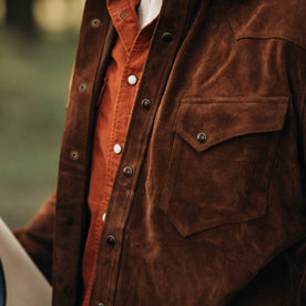 fit model wearing The Western Shirt in Espresso Suede close up showing the front pocket