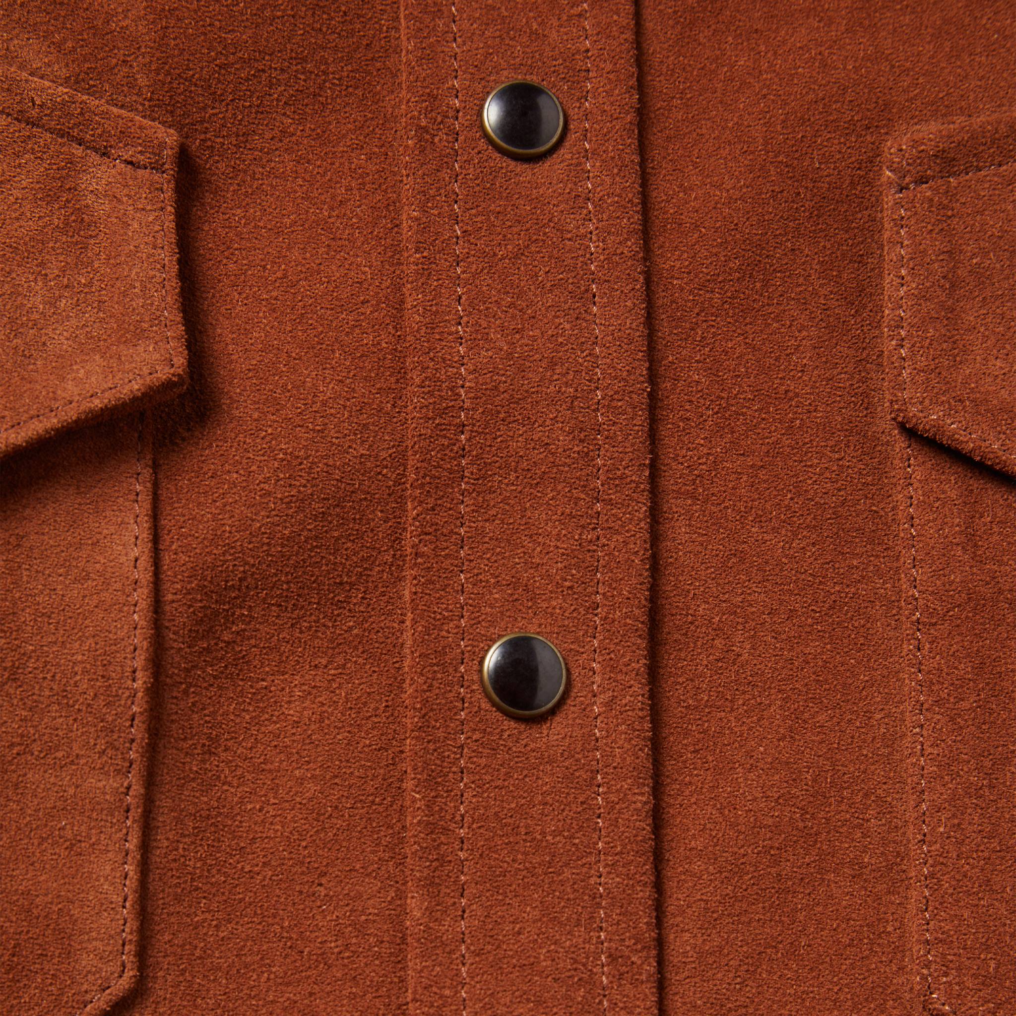 material shot of The Western Shirt in Espresso Suede close up of the placket and buttons, Outerwear by Taylor Stitch