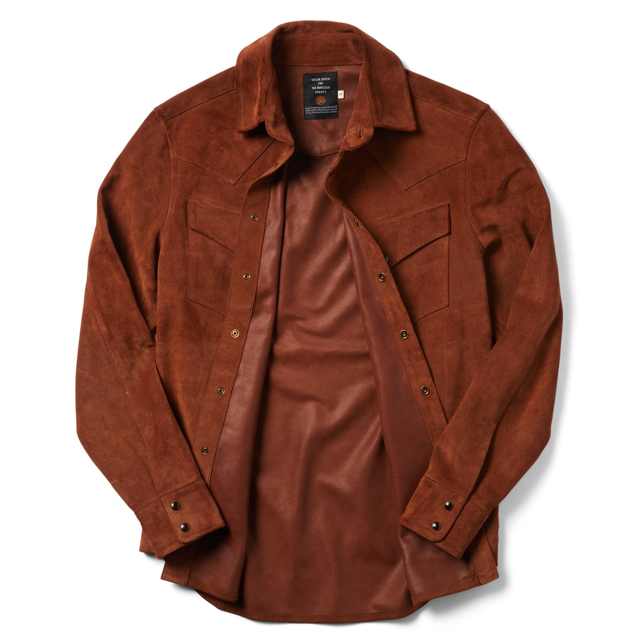 flatlay of The Western Shirt in Espresso Suede from the front open showing lining, Outerwear by Taylor Stitch
