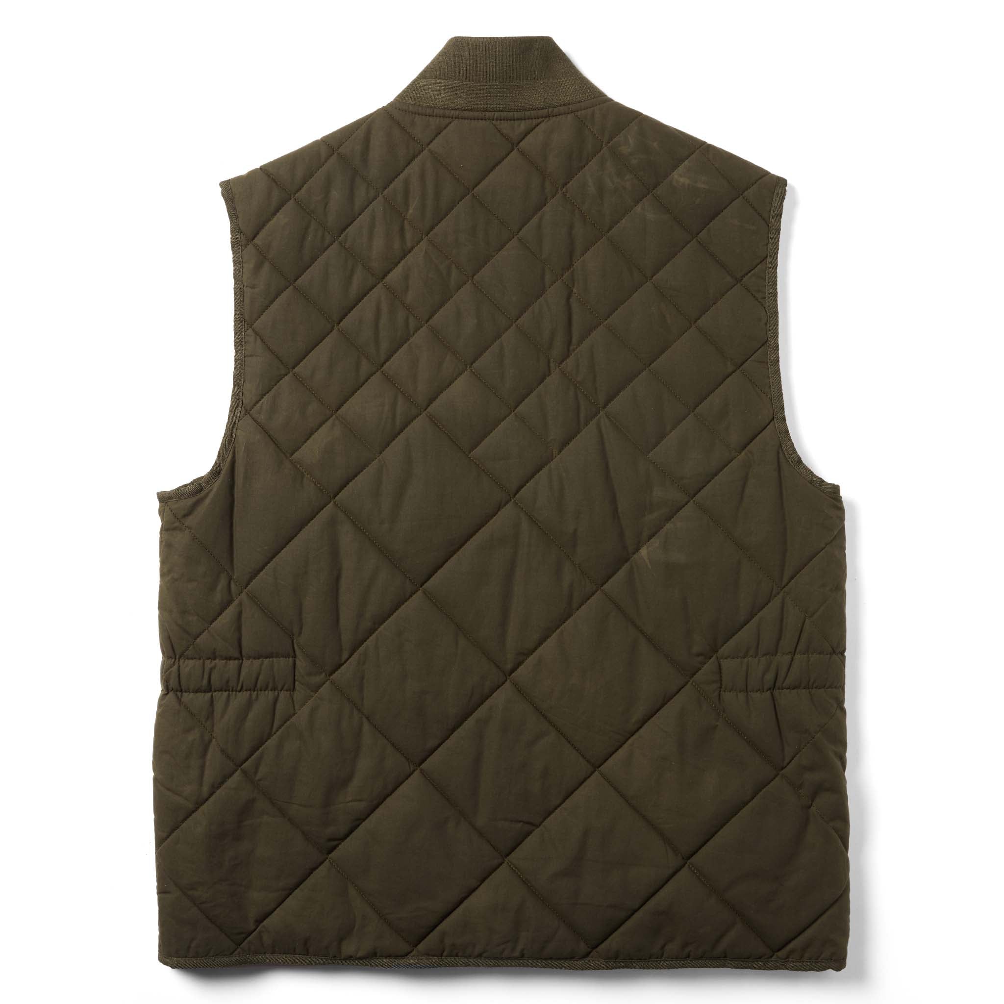 flatlay of The Quilted Bomber Vest in Olive Dry Wax from the back, Outerwear by Taylor Stitch