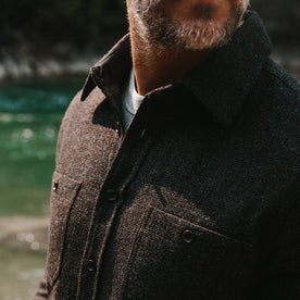 fit model wearing The Service Shirt in Moss Melange Wool, chest detail