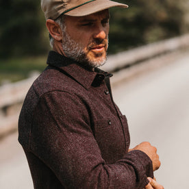 fit model wearing The Service Shirt in Port Melange Wool, looking right
