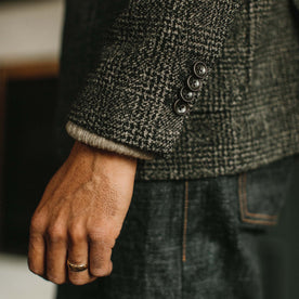 fit model wearing The Sheffield Sportcoat in Coal Slub Check showing cuff and buttons
