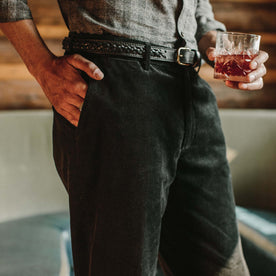 fit model wearing The Sheffield Trouser in Coal Cord hand in pocket