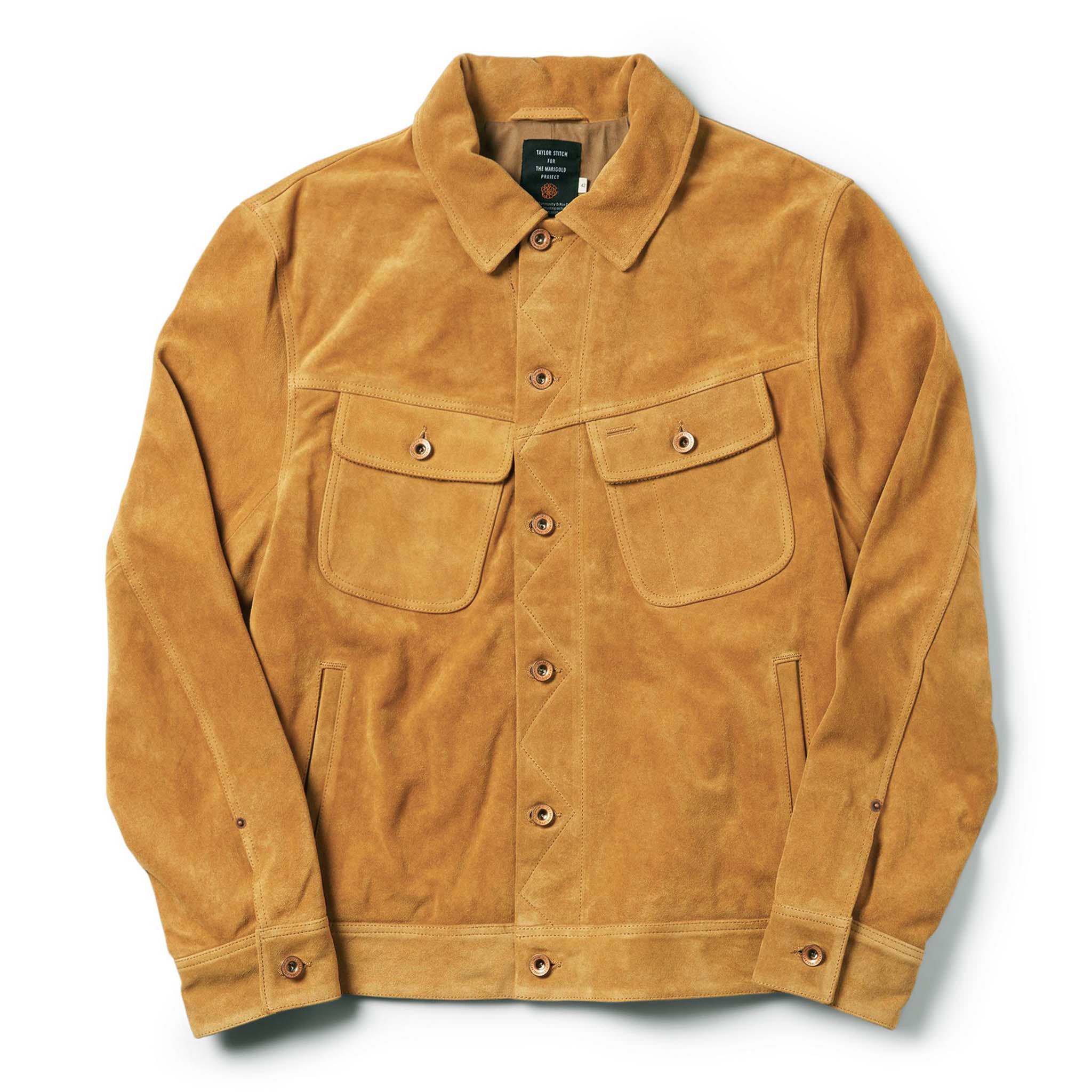 flatlay of The Lined Long Haul Jacket in Sand Suede from the front, Outerwear by Taylor Stitch