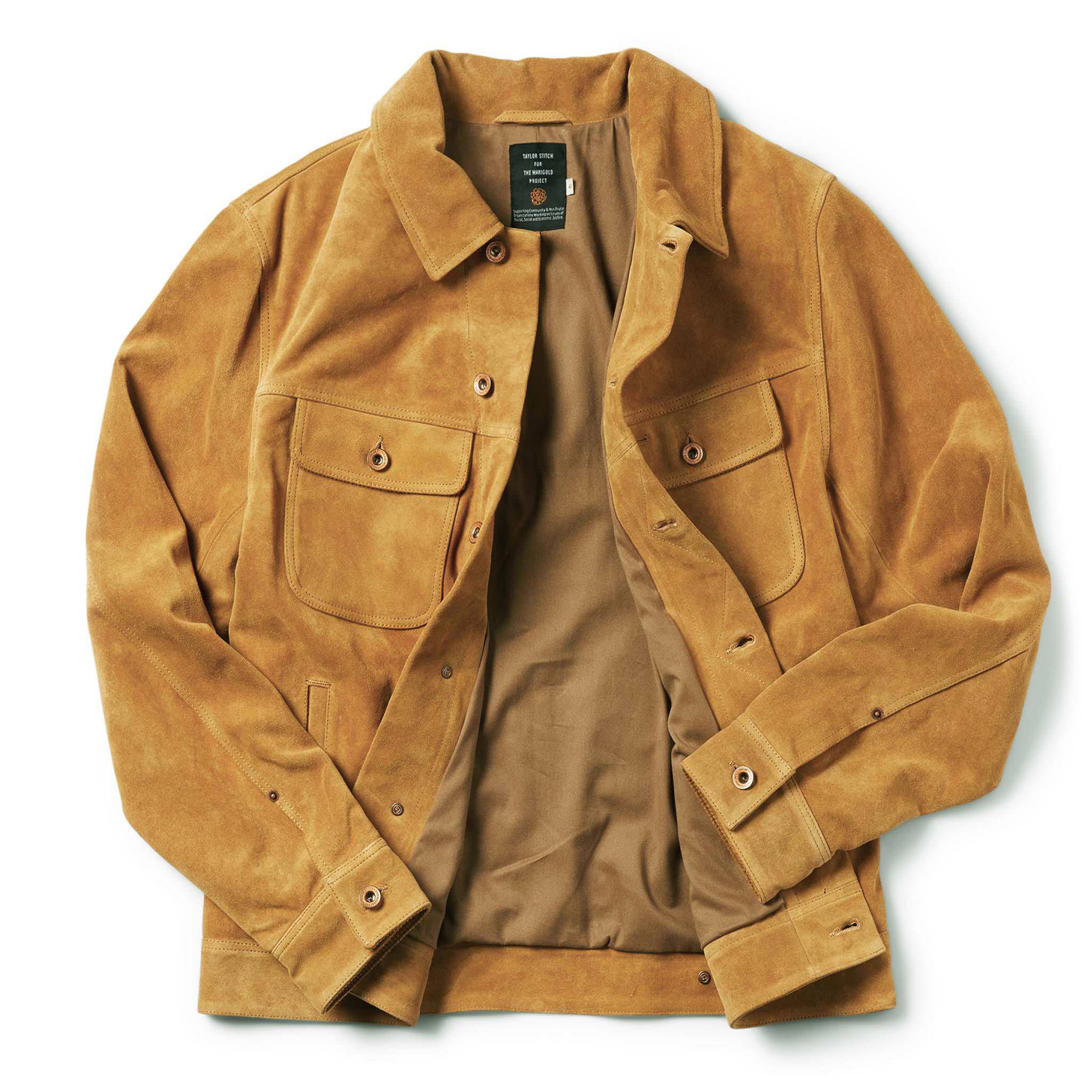 flatlay showing The Lined Long Haul Jacket in Sand Suede open from the front, Outerwear by Taylor Stitch