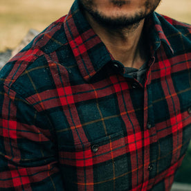 fit model showing collar of The Utility Shirt in Brushed Red Plaid