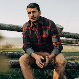 fit model sitting down while wearing The Utility Shirt in Brushed Red Plaid