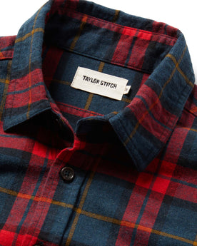 material shot showing interior label of The Utility Shirt in Brushed Red Plaid, Wovens by Taylor Stitch