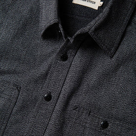 material shot of the collar of The Utility Shirt in Salt and Pepper Twill