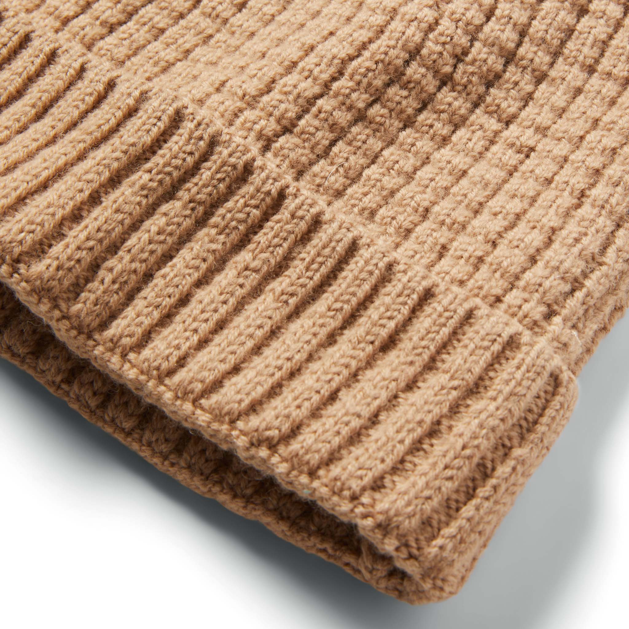material shot showing ribbing of The Waffle Beanie in Camel Merino, Accessories by Taylor Stitch