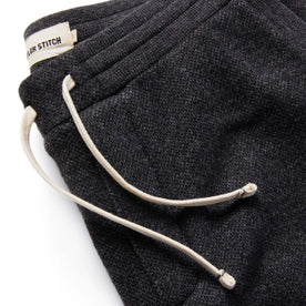 material shot of The Weekend Pant in Charcoal Herringbone Wool close up on the fly
