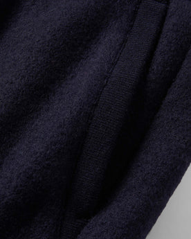 material shot of The Weekend Pant in Navy Boiled Wool showing quarter top pocket, Bottoms by Taylor Stitch