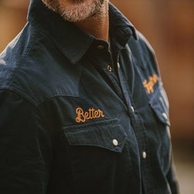 fit model wearing The Western Shirt in Better Together close up showing front yoke