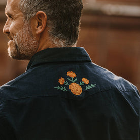 fit model wearing The Western Shirt in Better Together showing embroidery on back yoke