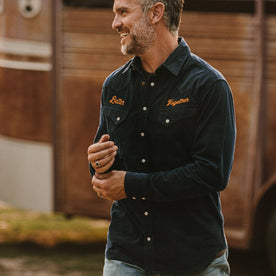 fit model wearing The Western Shirt in Better Together buttoning sleeve cuff