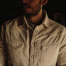 fit model wearing the shirt close up showing the collar unbuttoned