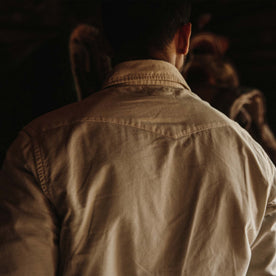 fit model wearing the shirt with the back yolk visible