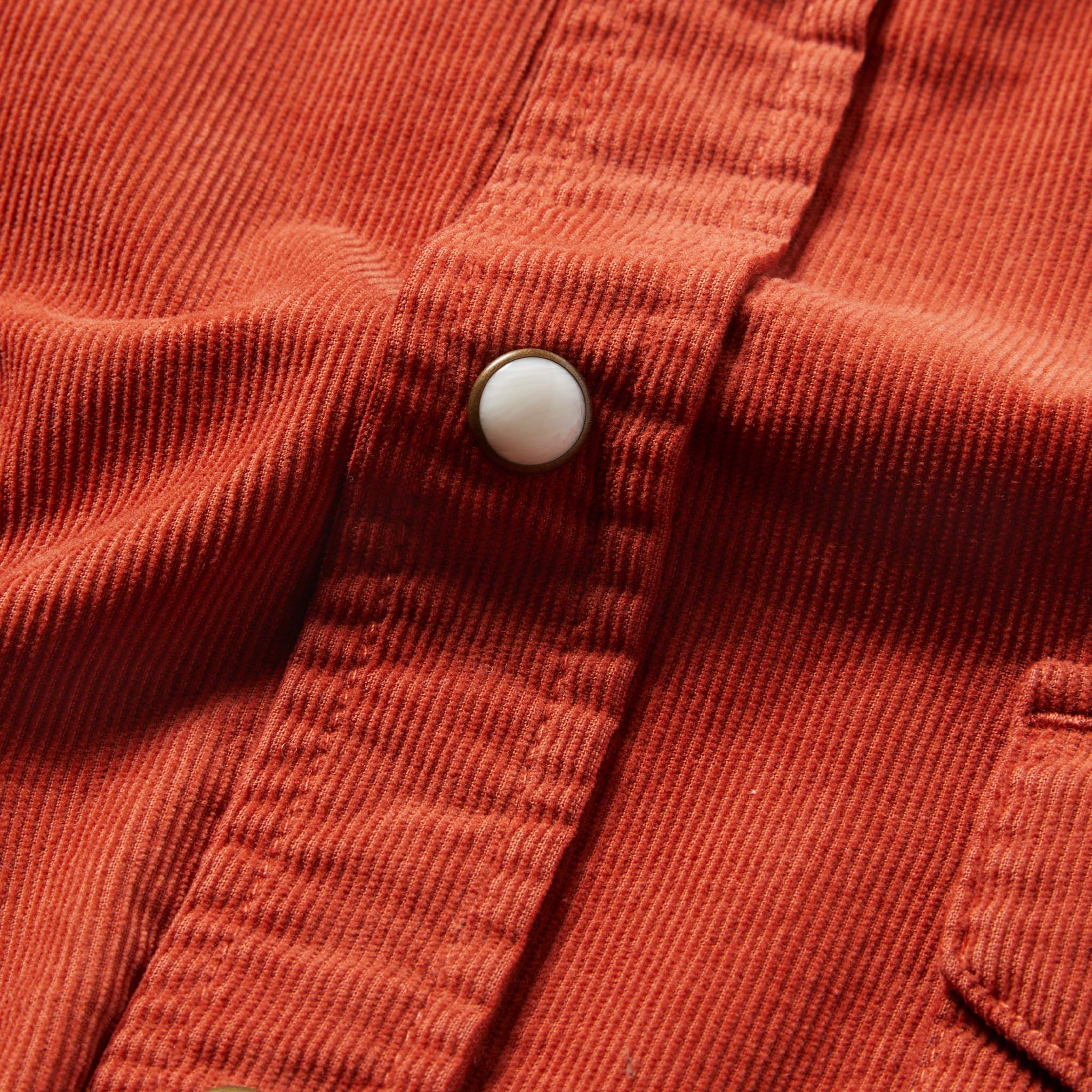 material shot of the shirt placket focusing on the classic western buttons, Wovens by Taylor Stitch