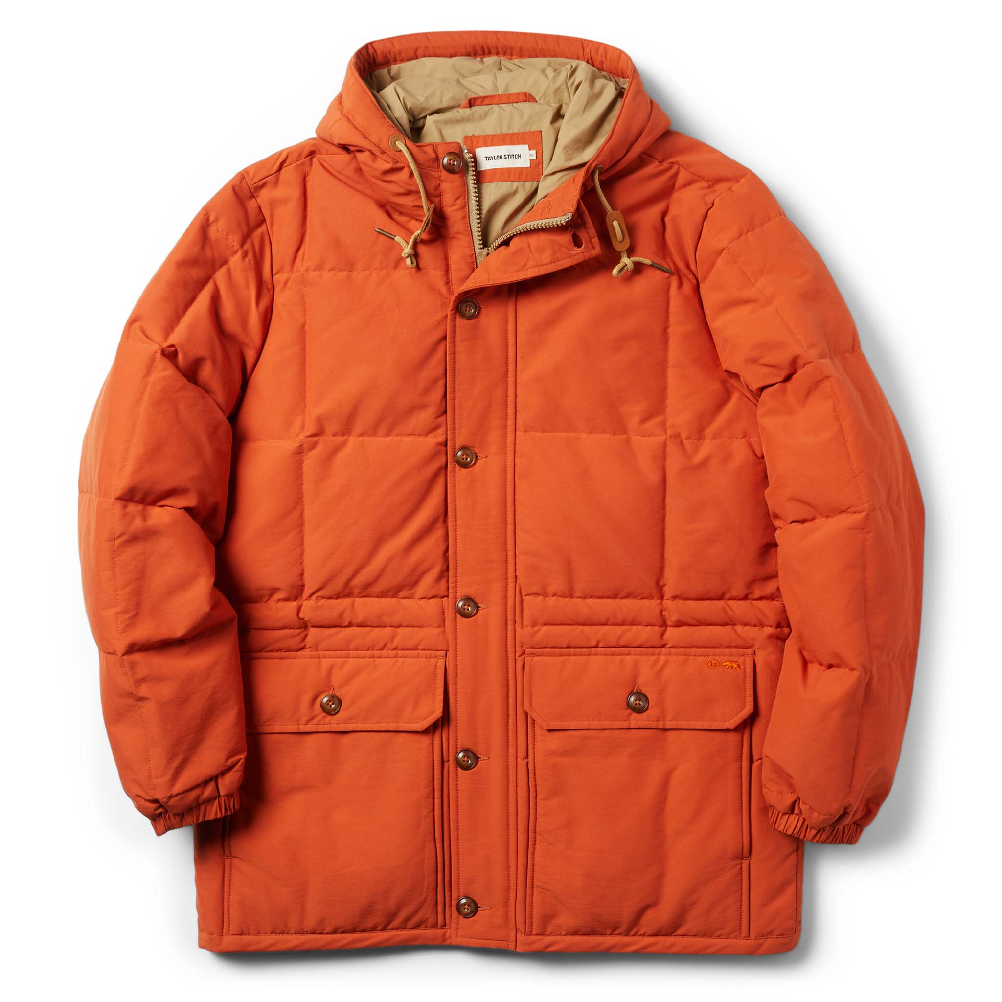 flatlay of The Whitney Parka in Dusty Orange from the front, Outerwear by Taylor Stitch