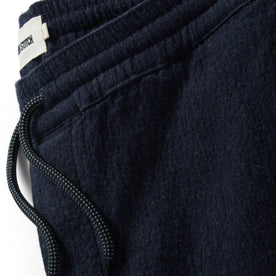 material shot of the drawstrings on The Apres Pant in Charcoal Double Cloth 