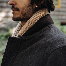 fit model showing off collar on The Bomber Jacket in Espresso Marl Wool