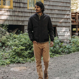 fit model walking in The Bomber Jacket in Espresso Marl Wool