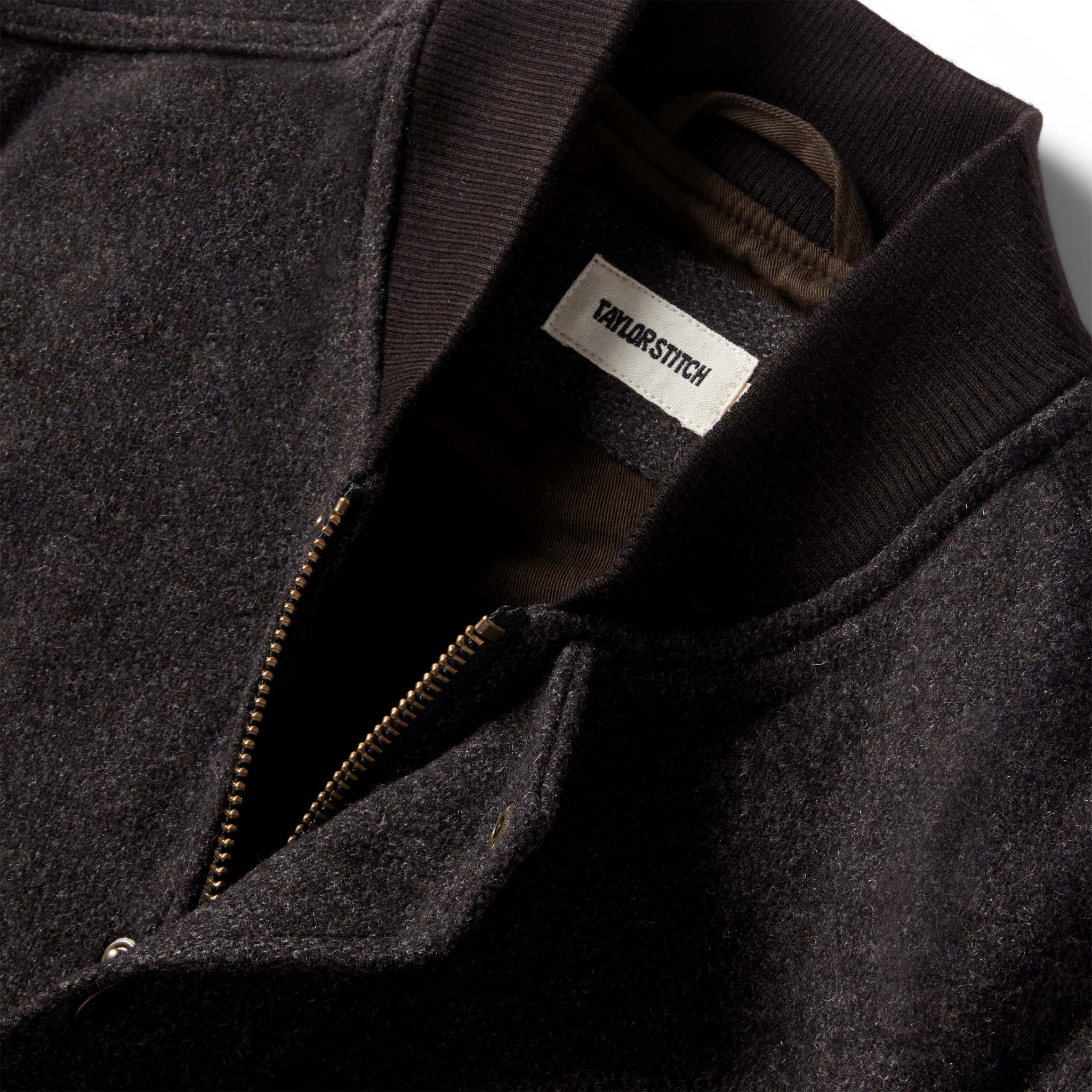 material shot of the collar on The Bomber Jacket in Espresso Marl Wool, Outerwear by Taylor Stitch