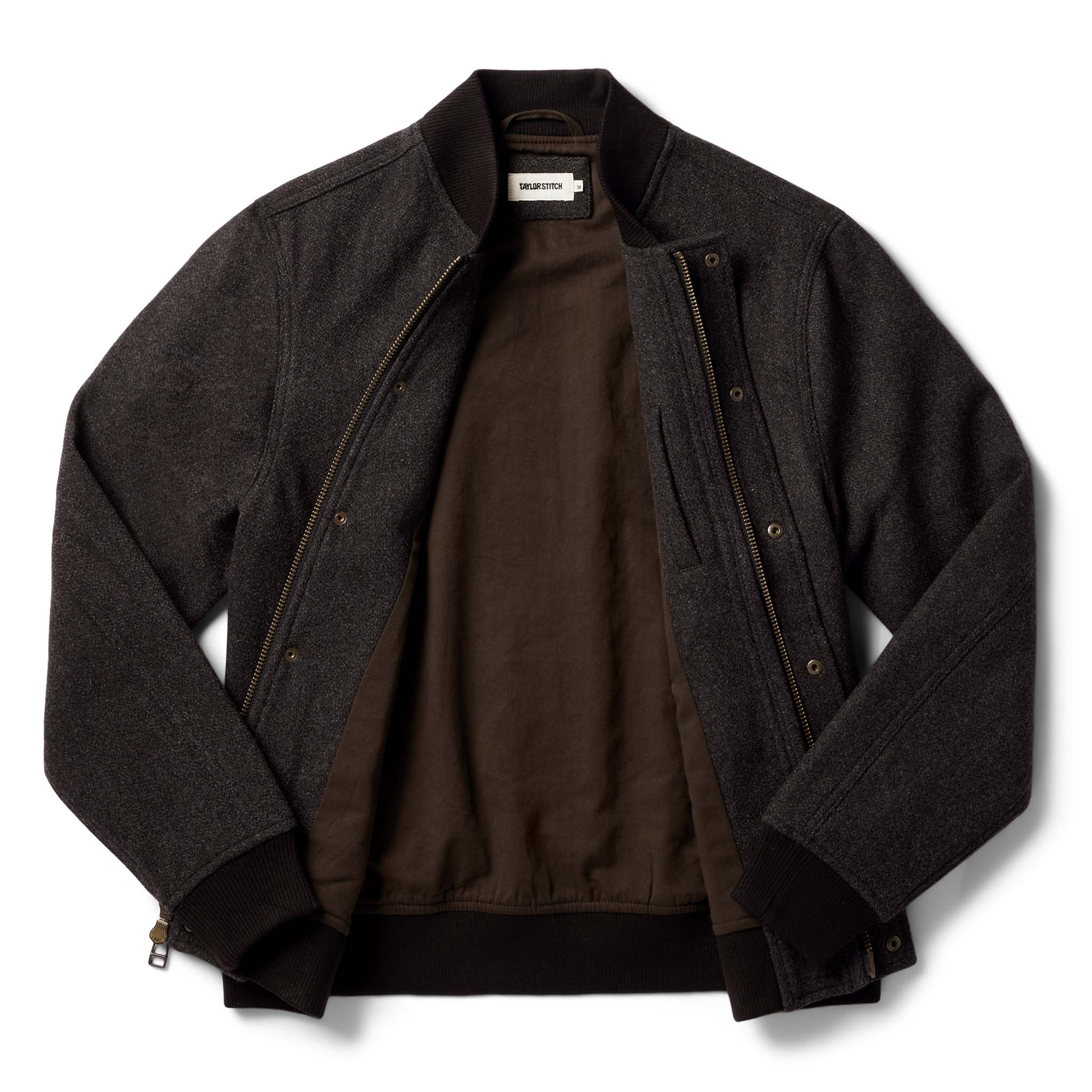 flatlay of The Bomber Jacket in Espresso Marl Wool open, Outerwear by Taylor Stitch