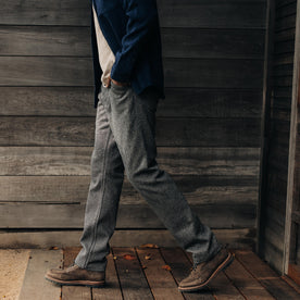 fit model walking in The Camp Pant in Indigo Salt and Pepper