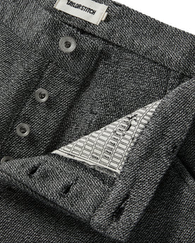 material shot of the button fly on The Camp Pant in Indigo Salt and Pepper , Bottoms by Taylor Stitch